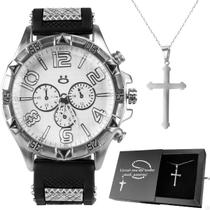 Relogio Masculino Prata Aço Inox + Cordao Crucifixo + Caixa robusto religioso pesado qualidade premium original ponteiro