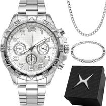 Relogio masculino prata aco inox + pulseira caixa + cordao analogico robusto casual qualidade premium presente social Relogio masculino prata aco inox + pulseira caixa + cordao analogico robusto casual qualidade premium presente social