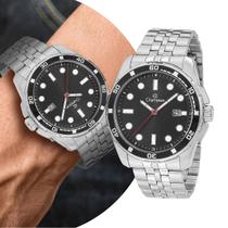 Relógio Masculino Prata com Fundo Preto Analógico de Pulso com Pulseira e Caixa de Aço Inoxidável Luxo Elegante Social Casual Champion