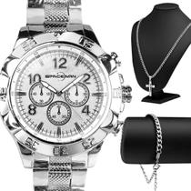 Relogio Masculino Prata + Cordão + Pulseira + Pingente Cruz original pai nosso inoxidável prova dagua presente crucifixo