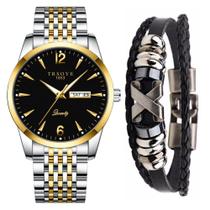 Relógio Masculino Prata Dourado Analógico Social + Bracelete