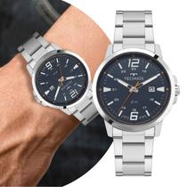 Relógio Masculino Prata e Azul Analógico de Pulso com Caixa e Pulseira de Aço Inoxidável à Prova D Água Luxo Elegante Casual Social Technos