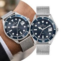 Relógio Masculino Prata e Azul Analógico de Pulso Movimento Quartzo com Caixa e Pulseira de Aço Inoxidável à Prova D Água Luxo Social Casual Technos