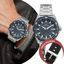 Relógio Masculino Prata e Azul Troca a Pulseira Kit com 2 Pulseiras em Aço Inoxidável à Prova D Água Luxo Elegante Casual Social Technos