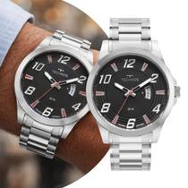 Relógio Masculino Prata e Preto Analógico de Pulso com Caixa e Pulseira de Aço Inoxidável à Prova D Água Luxo Casual Social Technos