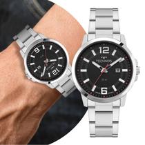 Relógio Masculino Prata e Preto Analógico de Pulso com Caixa e Pulseira de Aço Inoxidável à Prova D Água Luxo Elegante Casual Social Technos