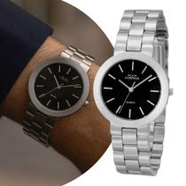 Relógio Masculino Prata e Preto Analógico de Pulso com Pulseira e Caixa de Aço Inoxidável Movimento Quartzo Luxo Casual Social Cosmos