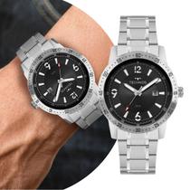 Relógio Masculino Prata e Preto Analógico de Pulso Movimento Quartzo Com Pulseira e Caixa de Aço Inoxidável Luxo Elegante Casual Social Tecnhos