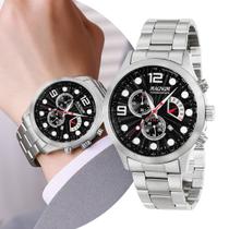 Relógio Masculino Prata e Preto Analógico de Pulso Quartzo com Pulseira e Caixa de Aço Inoxidável à Prova D Água Luxo Elegante Casual Social Magnum