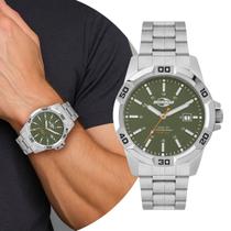 Relógio Masculino Prata e Verde Analógico de Pulso Movimento Quartzo Pulseira e Caixa de Aço Inoxidável à Prova D Água Luxo Casual Social Mormaii