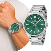 Relógio Masculino Prata e Verde de Pulso com Caixa e Pulseira de Aço Inoxidável Luxo Elegante Casual Social Champion