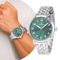 Relógio Masculino Prata e Verde de Pulso com Pulseira e Caixa de Aço Inoxidável Luxo Elegante Casual Social Champion