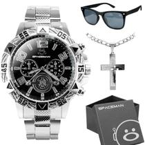 Relógio Masculino Prata em Aço Inox Social + Oculos de Sol + Colar Cruz - Com Caixa de Presente