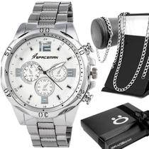 Relogio Masculino Prata Inox Aço + Cordao + Pulseira Relogio Masculino Prata Inox Aço + Cordao + Pulseira