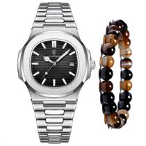 Relógio Masculino Prata Minimalista + Pulseira Olho De Tigre