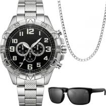 Relogio Masculino Prata + Oculos Sol + Cordão Cruz religioso analogico original pesado preto casual inoxidável ponteiro Relogio Masculino Prata + Oculos Sol + Cordão Cruz religioso analogico original pesado preto casual inoxidável ponteiro