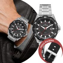 Relógio Masculino Prata Preto Troca a Pulseira Kit com 2 Pulseiras em Aço Inoxidável à Prova D Água Luxo Elegante Casual Social Technos