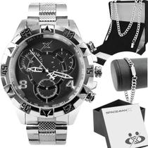 relogio masculino prateado aço + pulseira + cordão original religioso mostrador preto grande ponteiro social presente