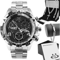 Relogio Masculino Prateado + Caixa + Pulseira pesado grande inoxidável ponteiro analogico casual religioso original