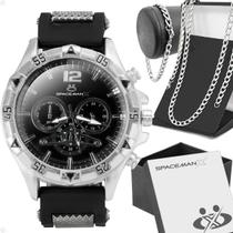 Relogio Masculino Prateado + Pulseira + Cordão Prata Grumet qualidade premium original casual inoxidavel social presente