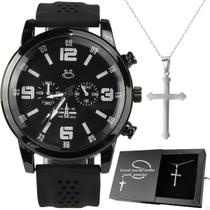 Relogio Masculino Preto Aco Caixa + Cordao Crucifixo social oração pai nosso ponteiro qualidade premium ajustavel prata