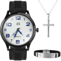 Relogio Masculino Preto Aço + Colar Crucifixo inoxidável oração pai nosso qualidade premium ponteiro robusto pesado Relogio Masculino Preto Aço + Colar Crucifixo inoxidável oração pai nosso qualidade premium ponteiro robusto pesado