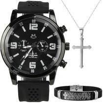 relógio masculino preto aço + colar crucifixo prateado + pulseira