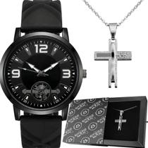 Relogio Masculino Preto Aço Inox + Cordão Prata Caixa pingente cruz social relogio casual presente silicone ajustavel cordao