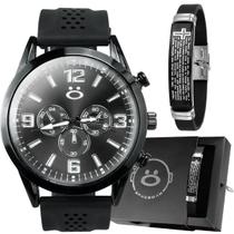 Relogio masculino preto aço inox + pai nosso pulseira + caixa original silicone ajustavel presente casual social