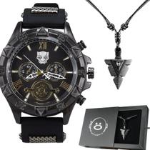 relogio masculino preto aço inox pantera + corrente cordão original social presente casual analogico