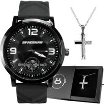 Relógio Masculino Preto Analógico De Pulso + Corrente Crucifixo Prata