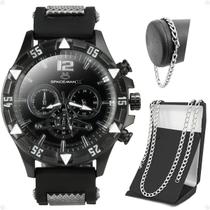 relogio masculino preto + cordão prata grumet + pulseira + relogio masculino aço inox presente Ajustavel casual social