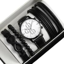 Relógio Masculino Preto Couro Alfa + Kit Acessórios Original