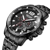 Relógio masculino preto cronógrafo analógico social megir vermelho luxo 2068 inox discreto