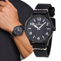 Relógio Masculino Preto de Pulso com Pulseira de Couro e Caixa de Aço Inoxidável Luxo Elegante Casual Social Champion