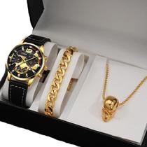 Relógio Masculino Preto Dourado+ Colar Pulseira Caveira Luxo