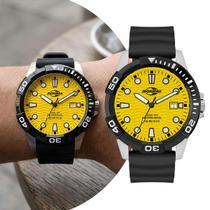 Relógio Masculino Preto e Amarelo com Caixa de Aço Inoxidável e Pulseira de Silicone com Ponteiros Fluorescentes à Prova D Água Esportivo Mormaii