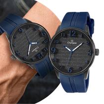 Relógio Masculino Preto e Azul Analógico de Pulso com Pulseira de Silicone e Caixa de Aço Inoxidável à Prova D Água Luxo Elegante Champion