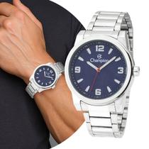 Relógio Masculino Preto e Azul de Pulso com Caixa e Pulseira de Aço Inoxidável Luxo Elegante Casual Social Champion