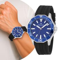Relógio Masculino Preto e Azul de Pulso com Pulseira de Silicone e Caixa de Aço Inoxidável Luxo Elegante Casual Champion