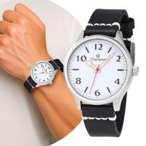 Relógio Masculino Preto e Branco Analógico de Pulso com Pulseira de Couro Luxo Elegante Casual Social Champion