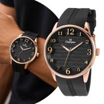 Relógio Masculino Preto e Bronze Analógico de Pulso Movimento Quartzo com Pulseira de Silicone e Caixa de Aço Inoxidável à Prova D Água Champion