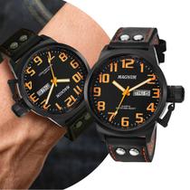 Relógio Masculino Preto e Laranja Analógico de Pulso com Pulseira de Couro e Caixa de Aço Inoxidável à Prova D Água Luxo Elegante Casual Social Magnum