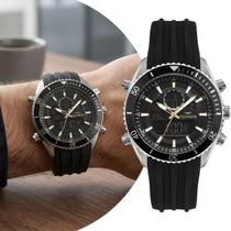 Relógio Masculino Preto e Prata com Caixa de Aço Inoxidável e Pulseira de Silicone à Prova d Água Casual Social Luxo Technos