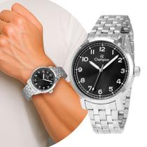 Relógio Masculino Preto e Prata de Pulso com Pulseira e Caixa de Aço Inoxidável Luxo Elegante Casual Social Champion