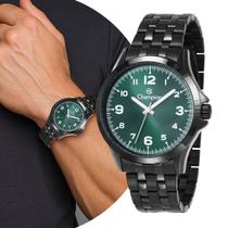 Relógio Masculino Preto e Verde de Pulso com Pulseira e Caixa de Aço Inoxidável Luxo Elegante Casual Social Champion