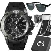 Relogio masculino preto original casual + caixa presente + cordão e pulseira aço social + oculos sol