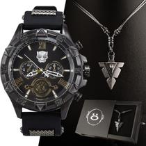 relogio masculino preto pantera aço inox + cordão corrente presente casual original analogico social