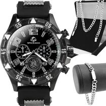 Relogio Masculino Preto Silicone Aço Inox + Cordao Pulseira social ponteiro pesado presente autentico grumet silicone