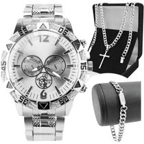 relogio masculino prova dagua aço + pulseira + cordão cruz resistente prata religioso presente analogico inoxidável